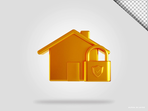 PSD golden home security 3d render illustration isolated