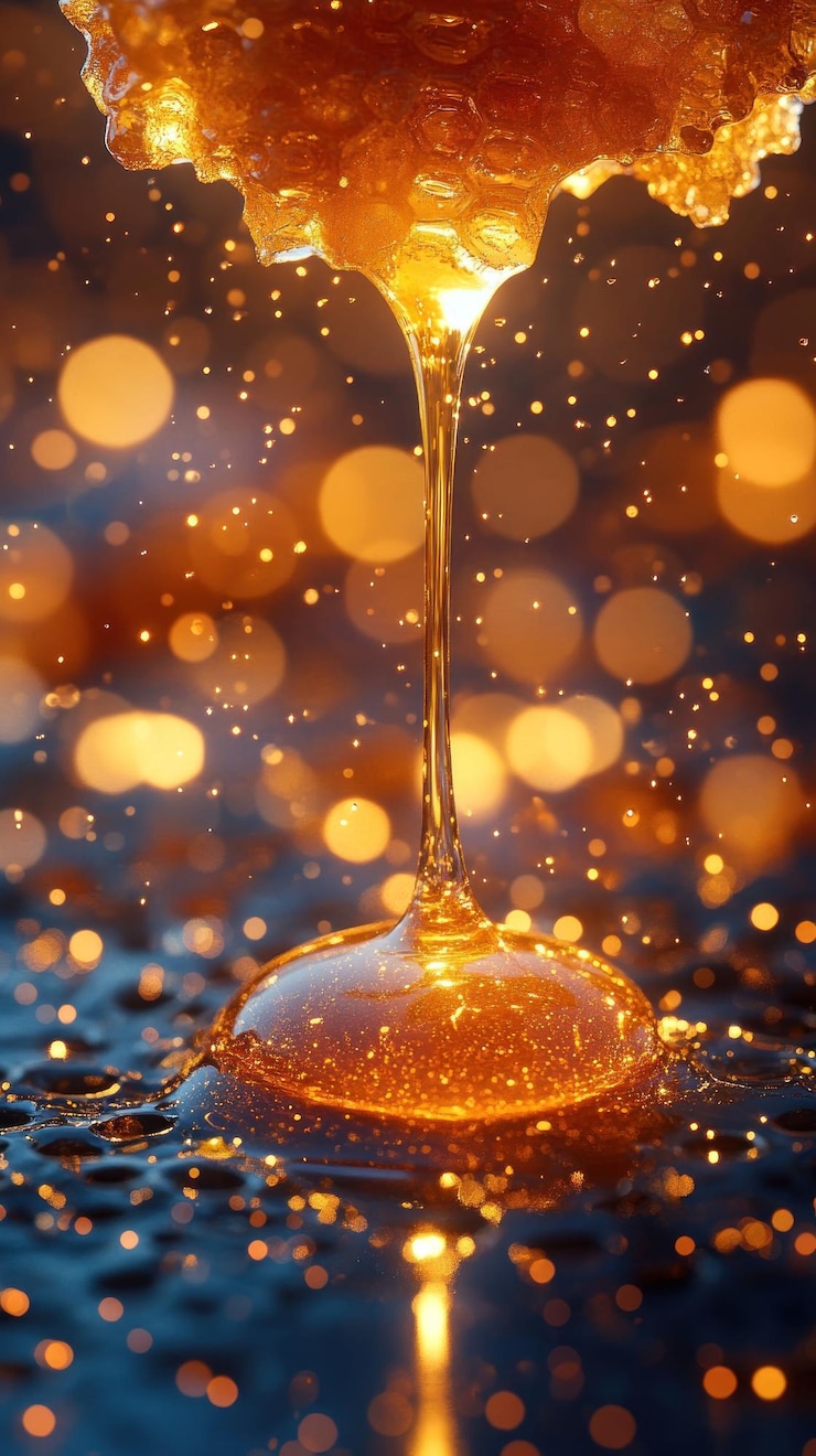 PSD golden honey dripping with bokeh background