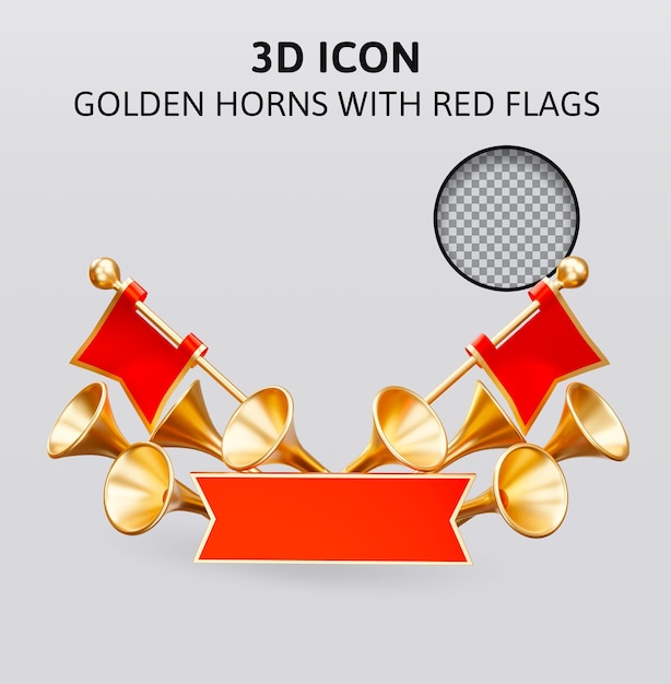 PSD golden horns with red flags 3d redering