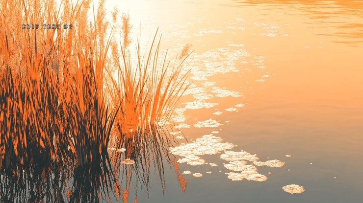 PSD golden hour sunset reflected in calm water with reeds