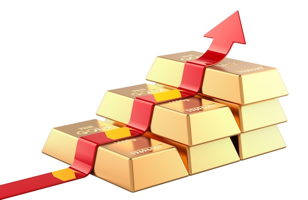 Golden ingots with growth red arrow 3D rendering isolated on transparent background