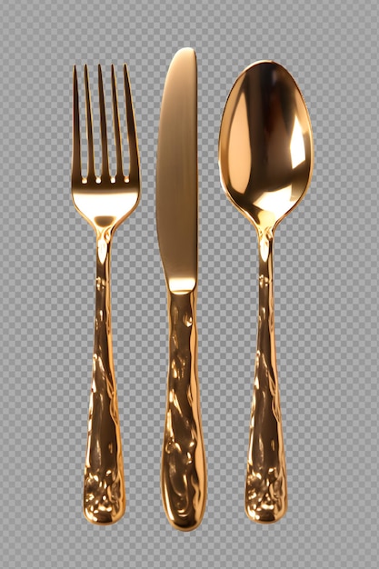 Set coltello forchetta cucchiaio dorato posate oro posate isolate ritagliate ai generative