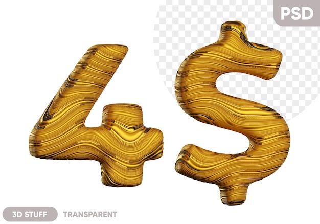 PSD Золотая буква 4 и с блестящей волнистой текстурой 3d иллюстрация