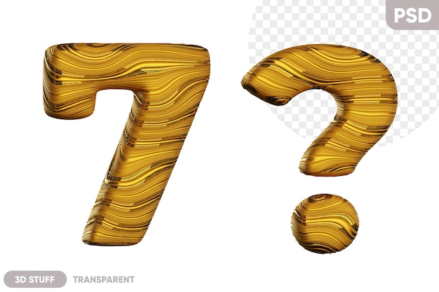 PSD golden letter 7 and question mark with a shiny wavy texture 3d illustration