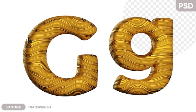 PSD golden letter g with a shiny wavy texture 3d illustration