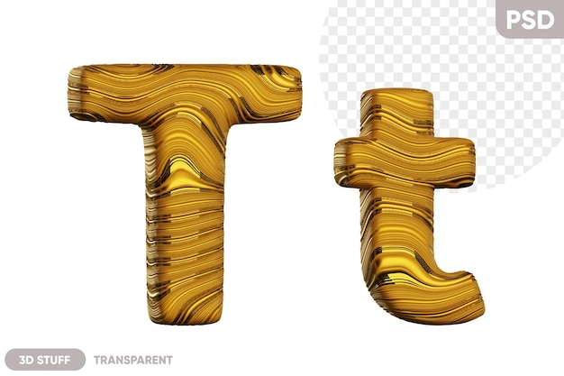 PSD golden letter t with a shiny wavy texture 3d illustration