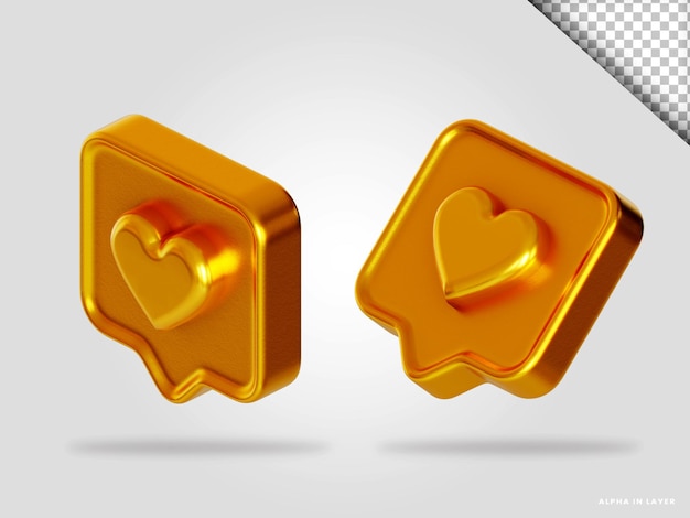 PSD golden love heart 3d render illustration isolated