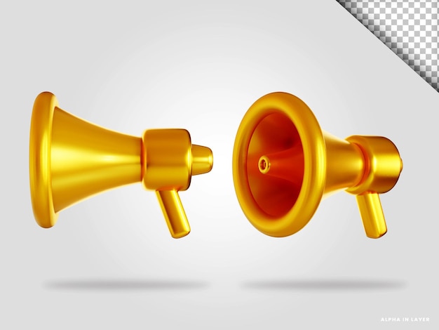 Illustrazione di rendering 3d del megafono dorato isolata