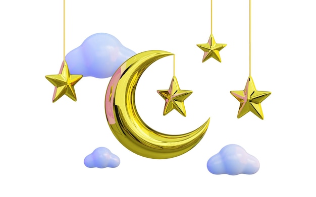 Golden moon and star icon with cloud on white background 3d render concept for ramadan kareem