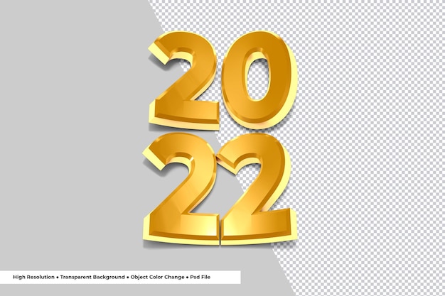 PSD golden number of 2022 new year 3d rendering