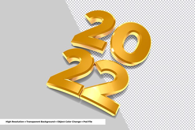 PSD golden number of 2022 new year 3d rendering