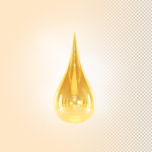 Golden oil drop serum droplet or yellow clear water on beige background 3d render Realistic mockup of cosmetic skincare product bubble of liquid essence honey or syrup blob