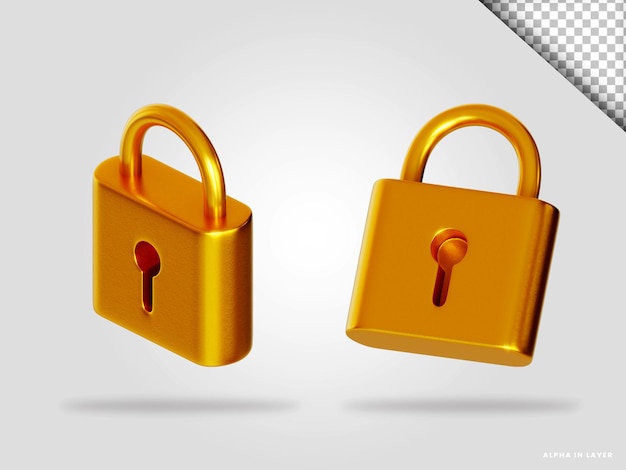 Golden padlock 3d render illustration isolated