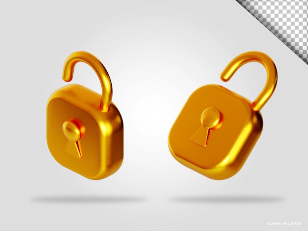 PSD golden padlock 3d render illustration isolated