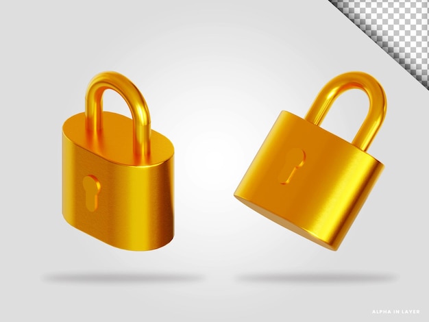 PSD golden padlock 3d render illustration isolated