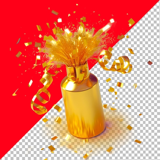 Golden party popper confetti isolated on transparent background