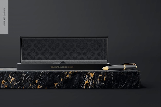 PSD golden pen in box mockup front view