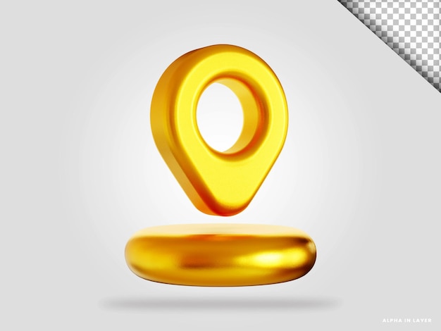 Golden pin location 3d render illustration isolated