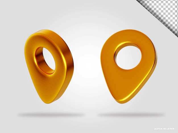 Golden pin location 3d render illustration isolated