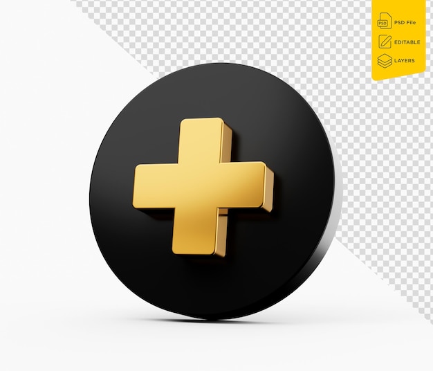 PSD golden plus sign on isolated background or positive concept 3d illustration