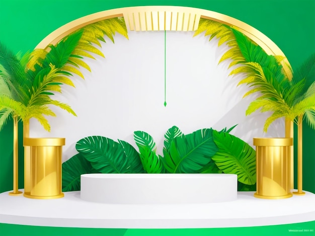 Golden product podium with green tropical palm leaves