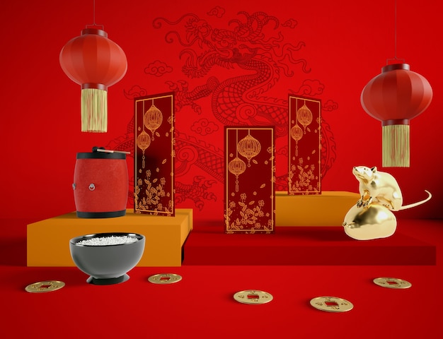 PSD golden rat bowl of rice and chinese traditional objects