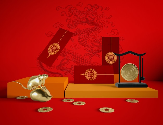 Golden rat and new year greeting cards on red background