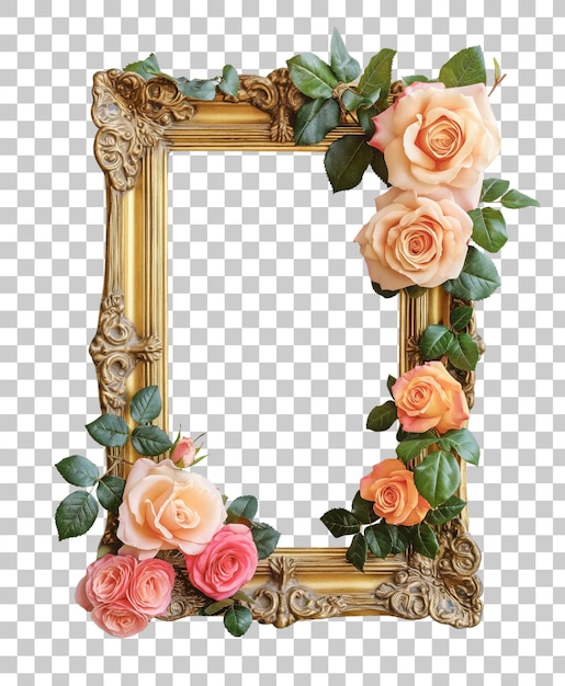 Quadro fotografico rettangolare dorato intrecciato con rose decorativo la tua foto con stile vintage floreale ai generato png trasparente