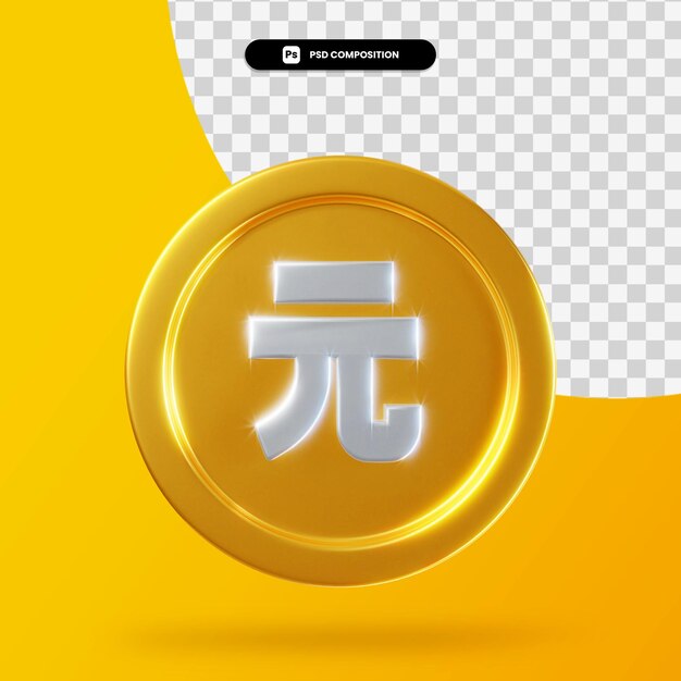 Golden renminbi yuan coin 3d rendering isolated