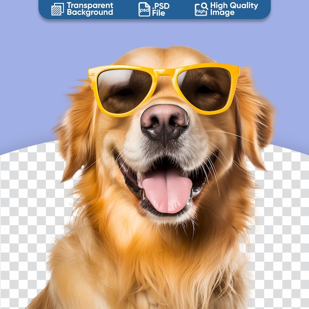 Golden retriever a happy dog with sunglasses in a close up shot ready for the beautiful summer