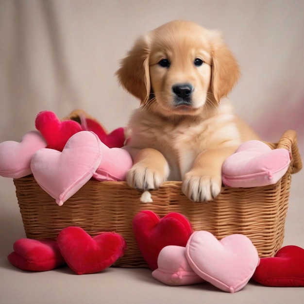 A golden retriever puppy with red roses