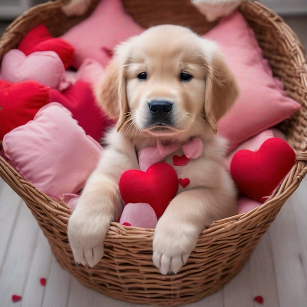 PSD a golden retriever puppy with red roses