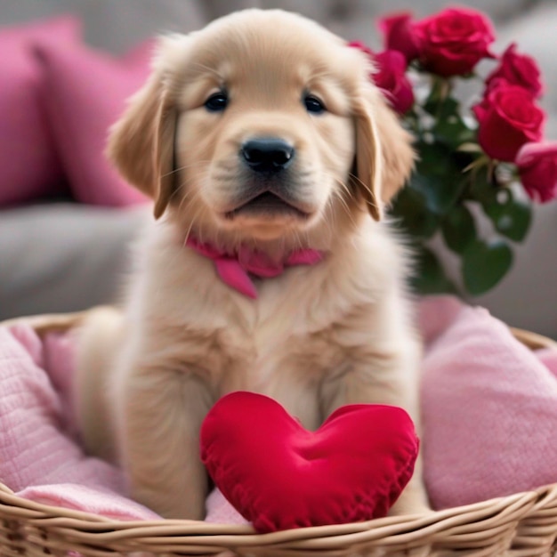 PSD un cucciolo di golden retriever con rose rosse