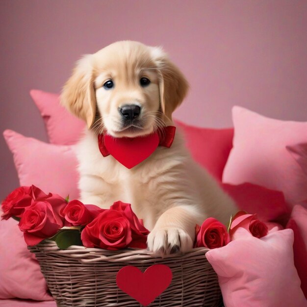 A golden retriever puppy with red roses