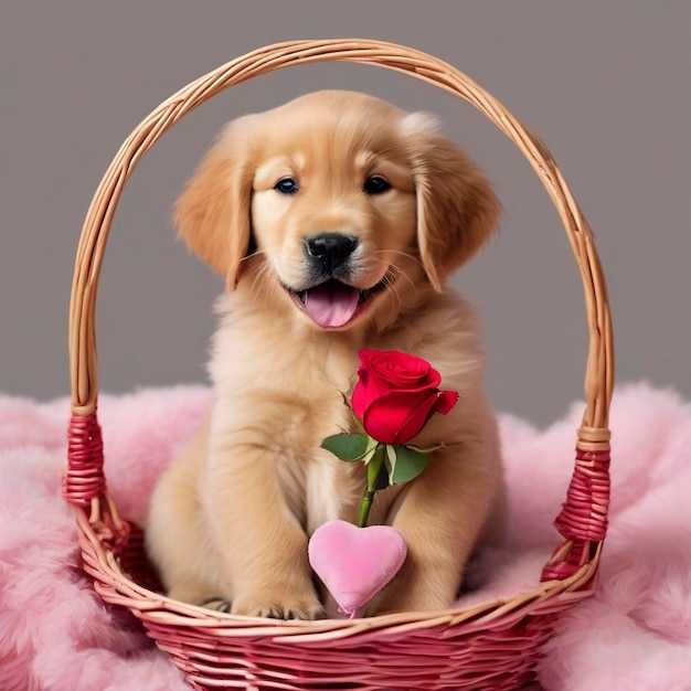 PSD a golden retriever puppy with red roses