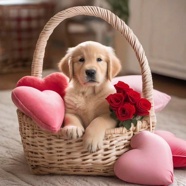 PSD a golden retriever puppy with red roses