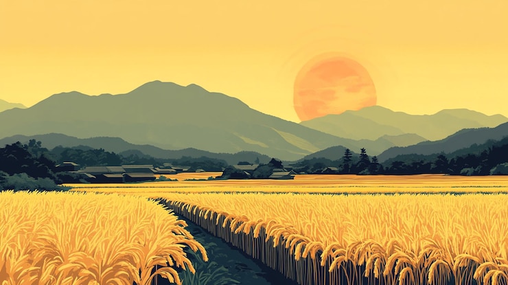 PSD golden rice field at sunset with mountains in background