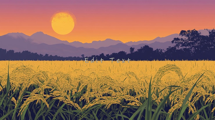 PSD golden rice field at sunset with mountains