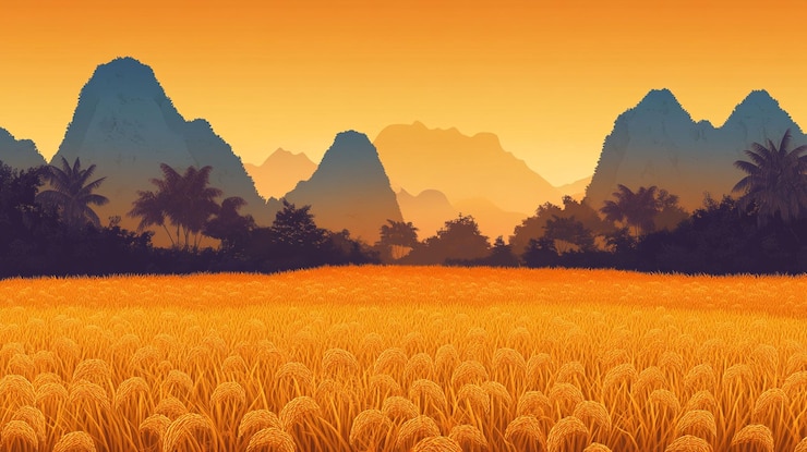 PSD golden rice paddy field at sunset with silhouetted mountains and palm trees