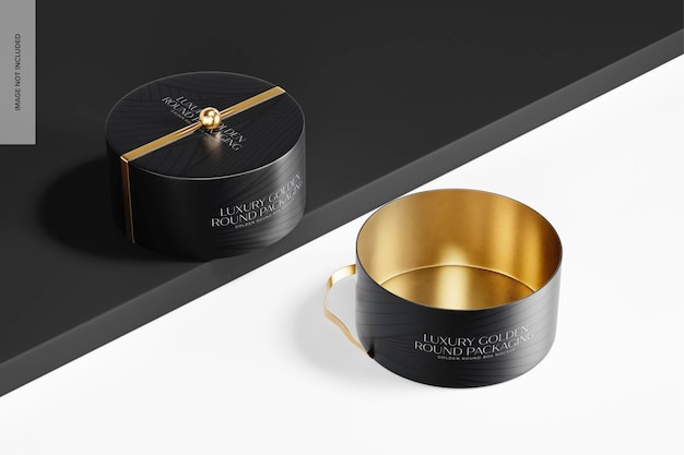 golden round box mockup, opened
