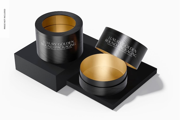 golden round packaging mockup, opened and closed