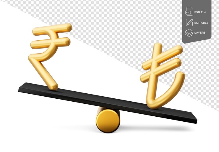 PSD golden rupee and lira symbol icons with black balance weight seesaw 3d illustration