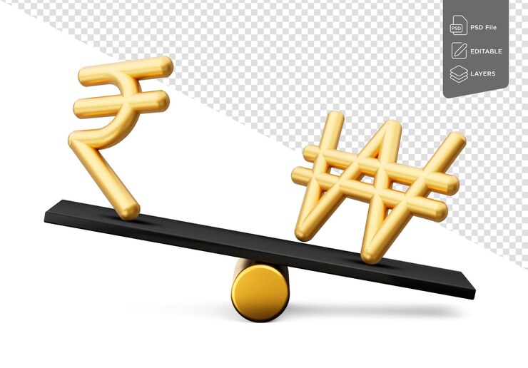 PSD golden rupee and won symbol icons with black balance weight seesaw 3d illustration