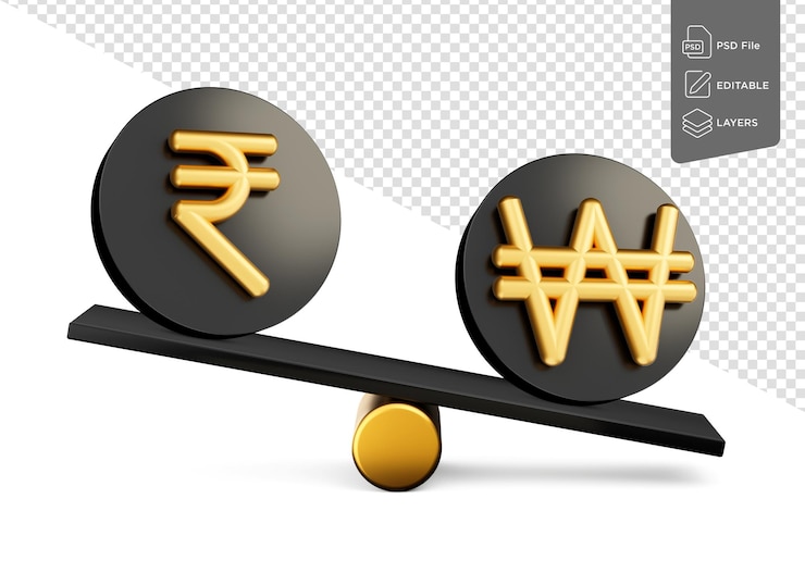 PSD golden rupee and won symbol on rounded black icons with balance weight seesaw 3d illustration