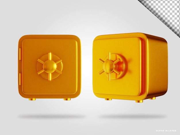 Golden safe deposit box 3d render illustration isolated