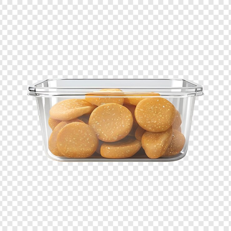PSD 透明なプラスチックの長方形の容器に金色のセサミクッキー