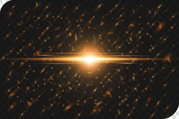 PSD golden shiny bursting energy particles with light streak flare on black background