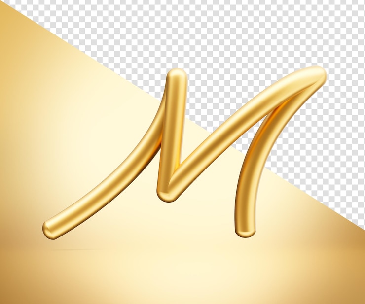 PSD golden shiny capital letter m alphabet m rounded inflatable font on gold background 3d illustration