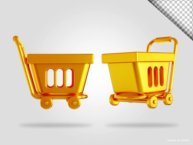 Golden shopping cart 3d render illustration isolated