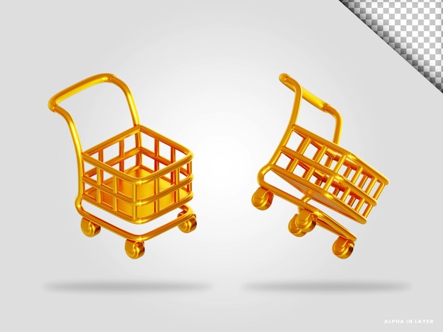 PSD golden shopping cart 3d render illustration isolated